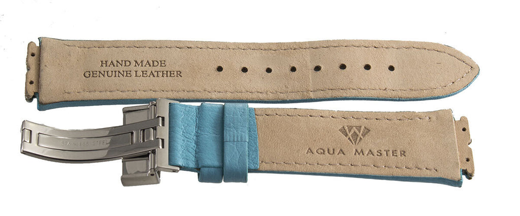Aqua Master Mens 23mm Baby Blue Leather Silver Buckle Watch Band