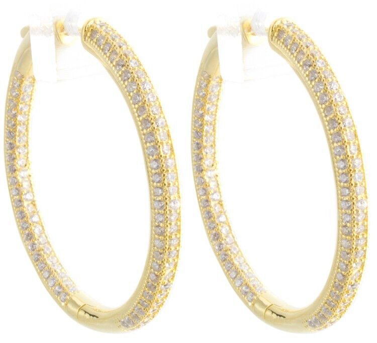 18k Yellow Gold Plated Cubic Zirconia Round Hoop Women's Silver Earrings