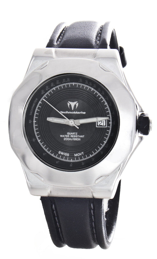 Technomarine Men's Black Dial Silver Case Black Leather Band Watch