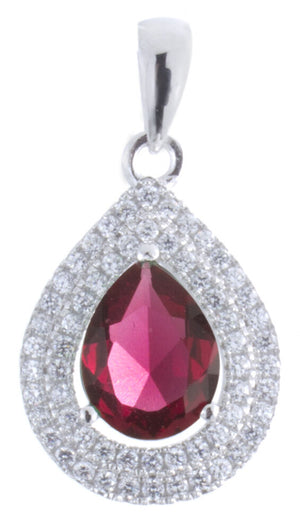 925 Sterling Silver White and Ruby Cubic Zirconia Teardrop Shape Pendant