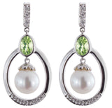 14K White Gold Genuine Diamond, Peridot, and Pearl Hanging Womens Earrings