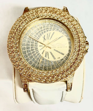 King Master Men's CZ Stone Gold-tone Stainless Steel Leather Watch