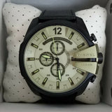 Diesel Men's Mega Chief Beige Dial Black Leather Band Chrongraph Watch DZ4495