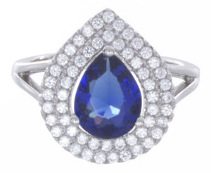 925 Sterling Silver Women Pear Shape White/Sapphire Cubic Zirconia Ring Size 5