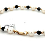 14K Yellow Gold Black Crystal and White Pearl Color Ladies Bracelet