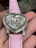 Swiss Master Women's Heart  Gold rose Tone Case White Leather Band Diamond Watch