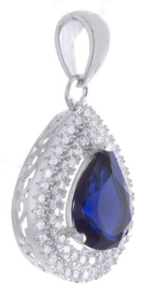 925 Sterling Silver White and Sapphire Cubic Zirconia Teardrop Shape Pendant