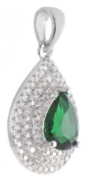925 Sterling Silver White and Emerald Cubic Zirconia Teardrop Shape Pendant