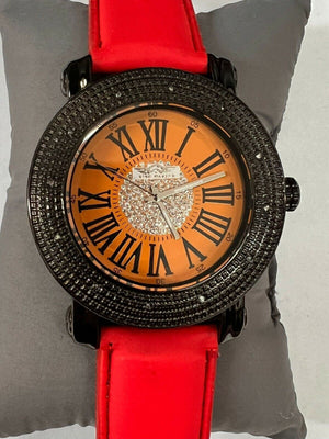 King Master Men's 109 Diamond Stainless Steel Case Red Leather Band Watch