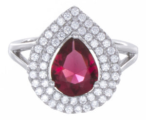 925 Sterling Silver Women Pear Shape White/Ruby Cubic Zirconia Ring Size 7