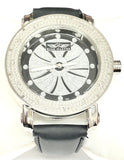 King Master Men's CZ Stones Silver-tone Stainless Steel Leather Watch