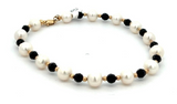 14K Yellow Gold Black Crystal and White Pearl Color Ladies Bracelet