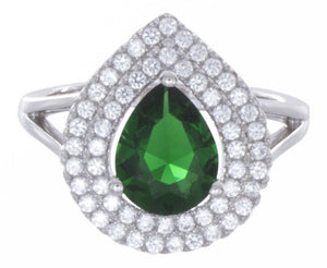 925 Sterling Silver Women Pear Shape White/Emerald Cubic Zirconia Ring Size 6