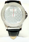 King Master Men's CZ Stone Silver-tone Stainless Steel Leather Watch