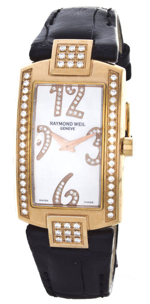 Raymond Weil Women's Shine MoP Dial Black Leather Band Watch 1800-ST2-05383