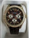 Fossil Women ES3364 Brown Leather Band Crystals Gold-tone Case Watch