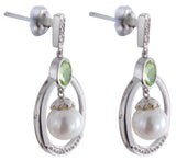 14K White Gold Genuine Diamond, Peridot, and Pearl Hanging Womens Earrings