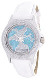 Swiss Master Women's Silver Round Case Blue Map Dial White Band Diamond Watch