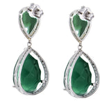 Women's Sterling Silver Green Emerald Double Teardrop Diamond Earrings