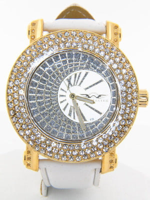 King Master Men's CZ Stone Bezel Gold-tone Stainless Steel Leather Quartz Watch