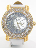 King Master Men's CZ Stone Bezel Gold-tone Stainless Steel Leather Quartz Watch