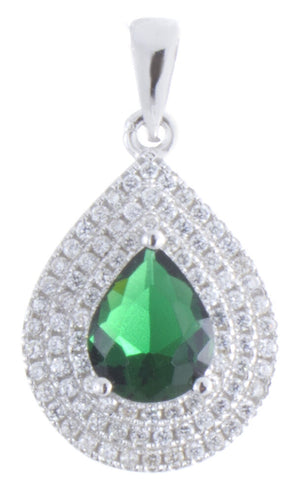 925 Sterling Silver White and Emerald Cubic Zirconia Teardrop Shape Pendant