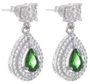 925 Sterling Silver White & Emerald CZ Tear Drop Hanging Womens Earrings