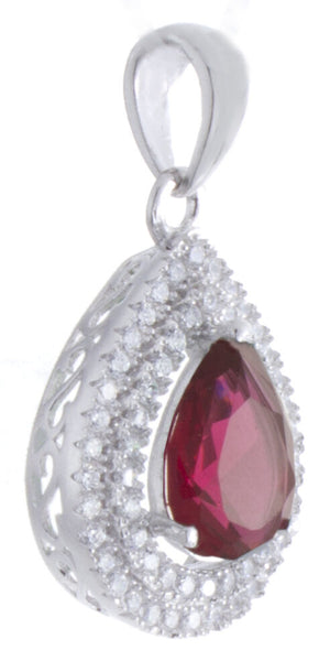 925 Sterling Silver White and Ruby Cubic Zirconia Teardrop Shape Pendant