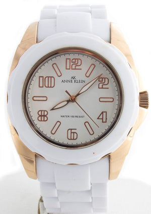 AK Anne Klein Women's 10-9640 White Plastic Band Rose Gold Case White Dial Watch