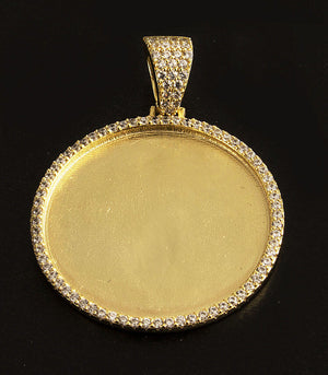 925 Sterling Silver Gold Tone CZ Round Picture Frame 2mm Pendent