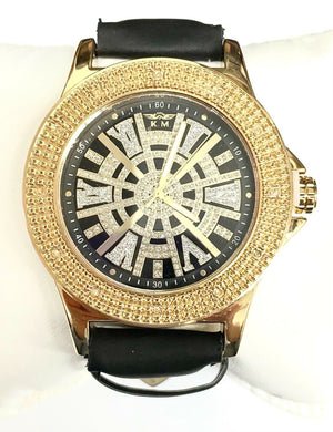 King Master Men's CZ Stone Gold-tone Stainless Steel Leather Watch