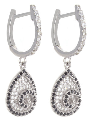 925 Sterling Silver CZ & Black Onyx Teardrop Shaped Hanging Womens Earrings