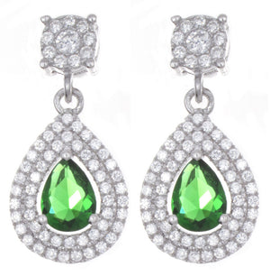 925 Sterling Silver White & Emerald CZ Tear Drop Hanging Womens Earrings