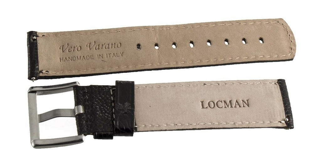 LOCMAN 24mm Black Lizard Leather Watch Band Strap W/Silver Buckle