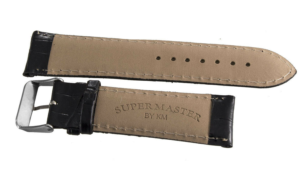 Super Master By KM 24mm Black Leather Silver Buckle Watch Band Strap