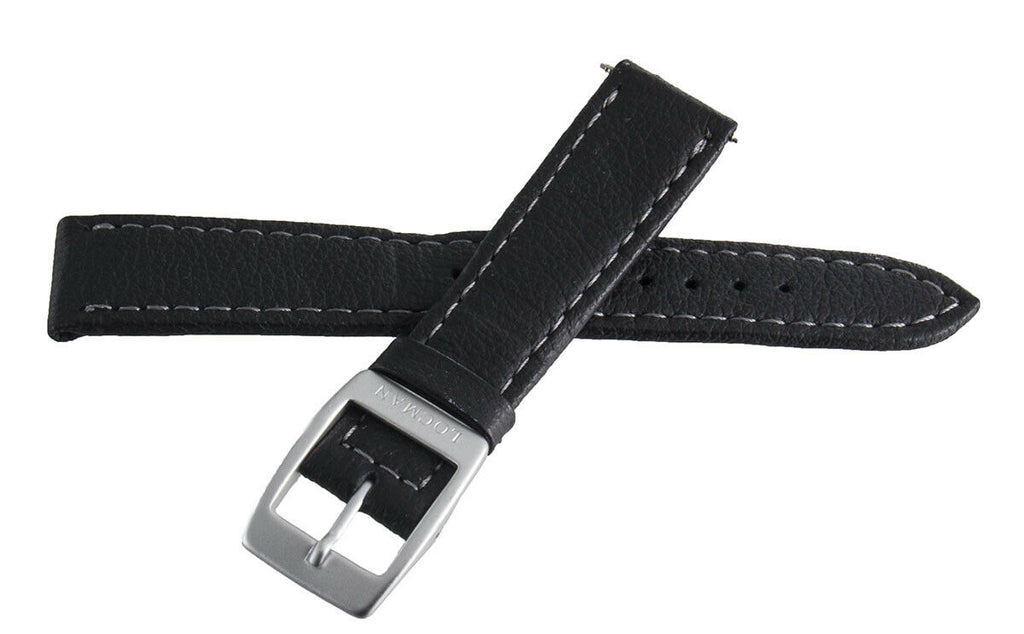 LOCMAN Lorica Men's 18mm Black Leather Silver Buckle Watch Band