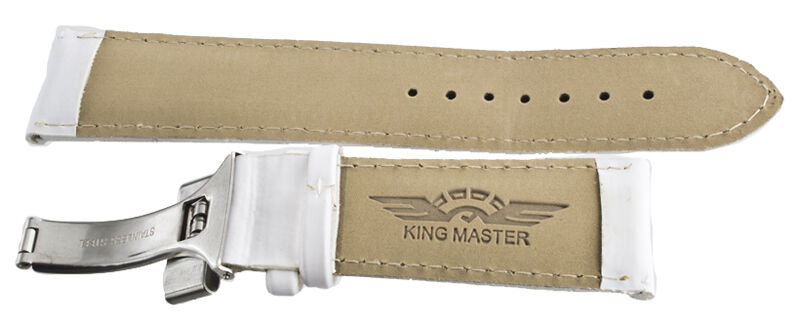 King Master 24mm White Leather Silver Buckle Watch Band Strap