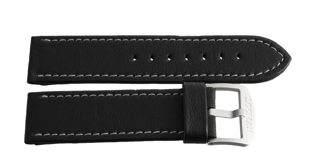 LOCMAN Lorica Men's 26mm Black Leather Silver Buckle Watch Band Strap