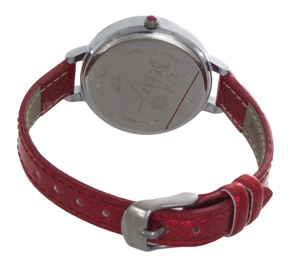 Betsey Johnson Bear Dial Silver Case Red Leather Band Watch 268948SLV