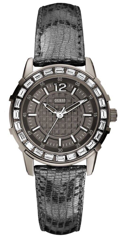 Guess Ladies Black Leather Strap black Dial Crystals on Bezel Watch W0019L2