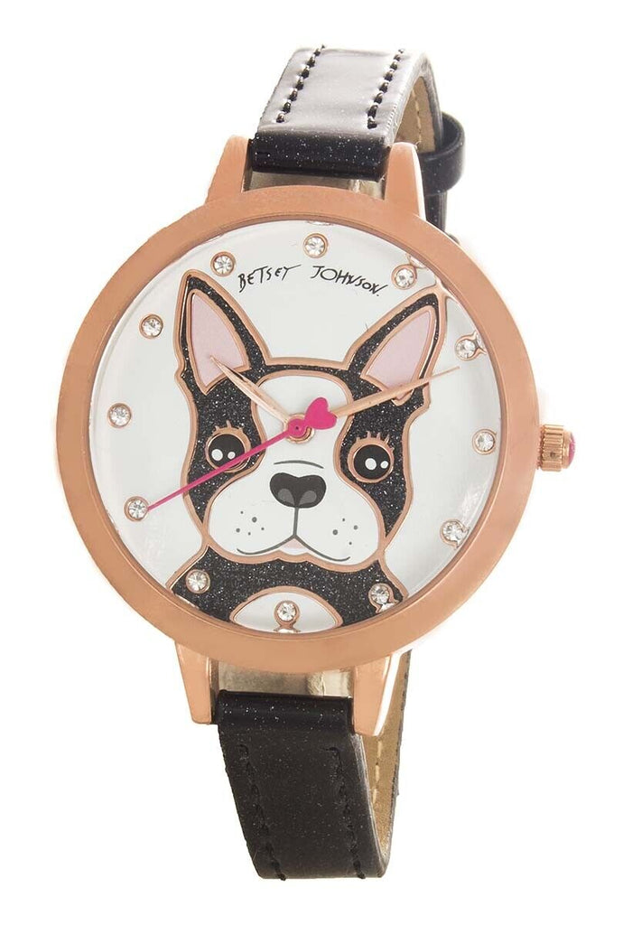 Betsey Johnson White Dog Dial Black Leather Band Women's Watch 268933RGD