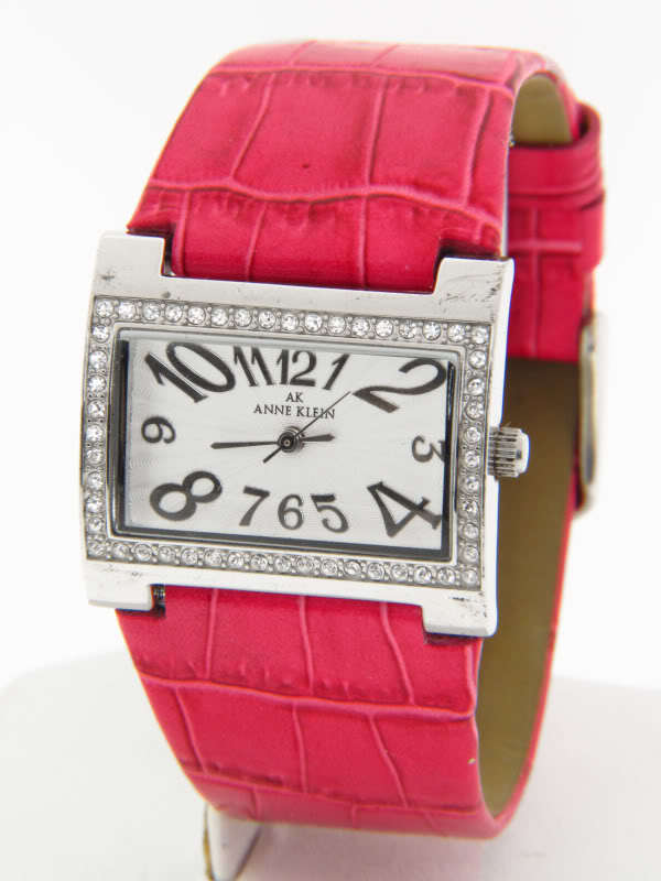 Anne Klein Women's Crystal Accented Steel Hot Pink Leather Strap Watch 10/6703