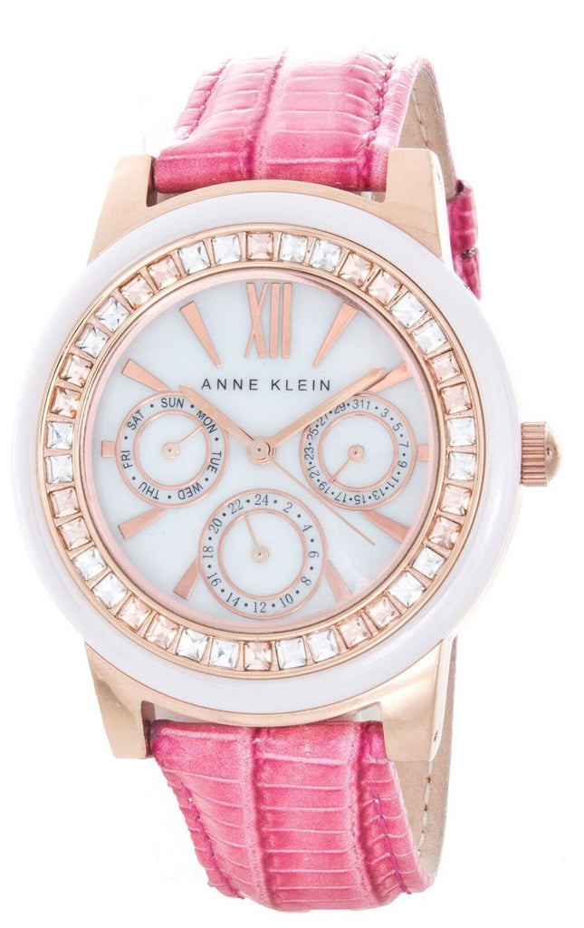 Anne Klein Women's Mother of Pearl Dial PinkLeather Band Crystal Watch AK/1682