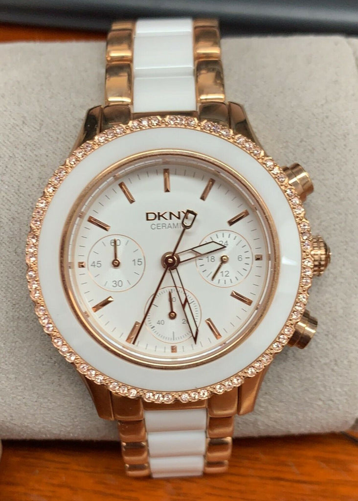 DKNY Brooklyn White Dial Rose Gold and White Ceramic Ladies Watch NY8825