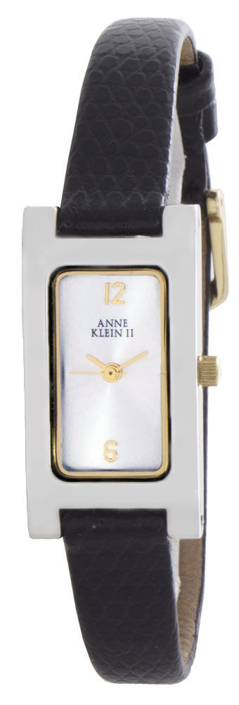 Anne Klein Womens Silver Dial Black Leather Band Watch 10/3415SVTT