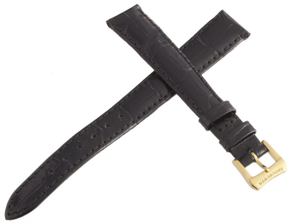 Genuine Raymond Weil 13mm Black Leather Watch Band Strap with Gold Tone Buckle