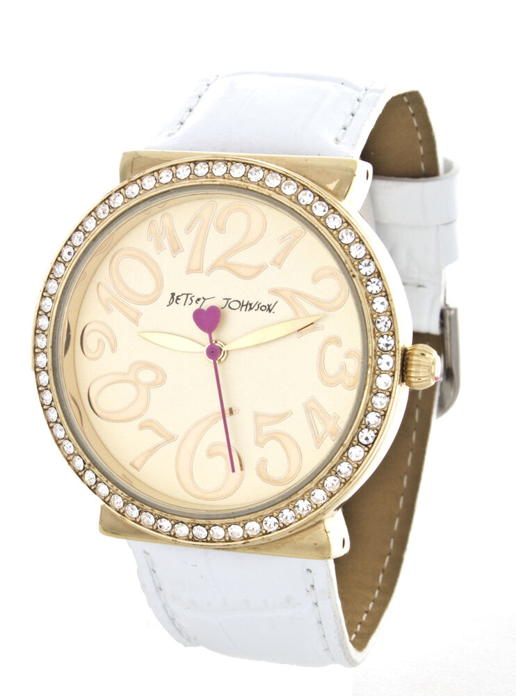 Betsey Johnson Women's Gold-tone White Leather Strap Crystal Watch BJ00171-03
