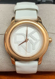 DKNY Logo Dial Rose Gold-tone White Leather Strap Ladies Watch NY8802