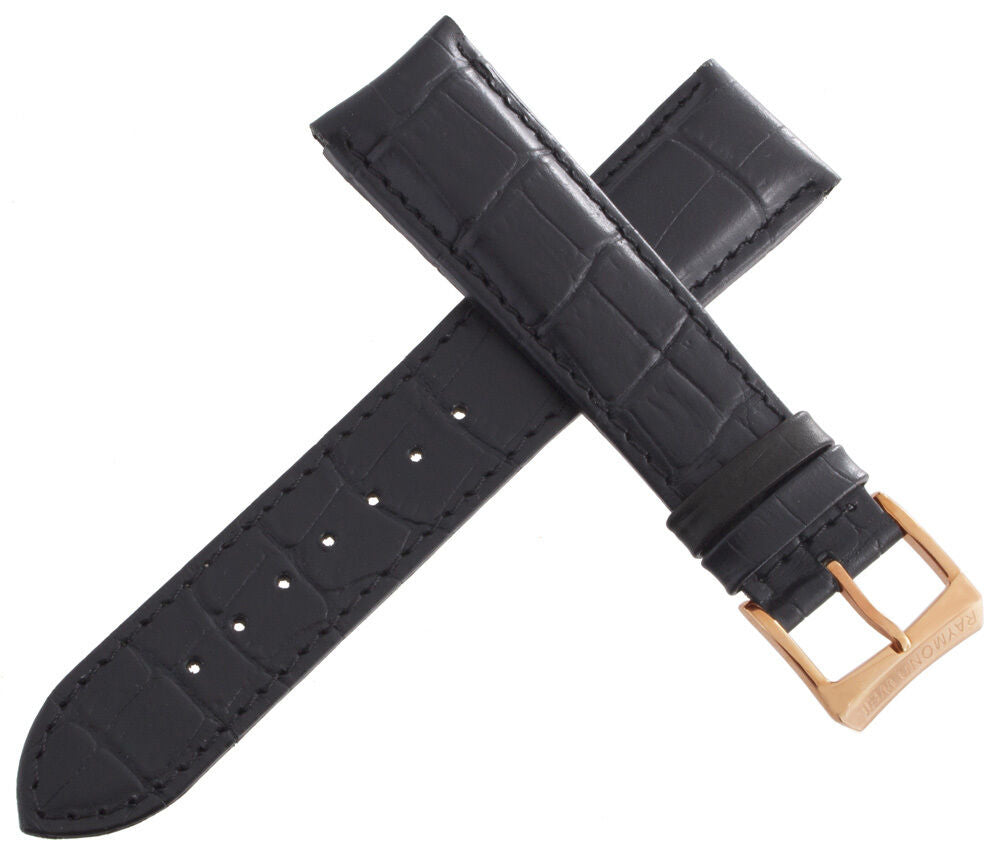 Raymond Weil 20mm Black Leather Watch Band W/ Rose Gold Tone Buckle