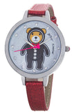 Betsey Johnson Bear Dial Silver Case Red Leather Band Watch 268948SLV